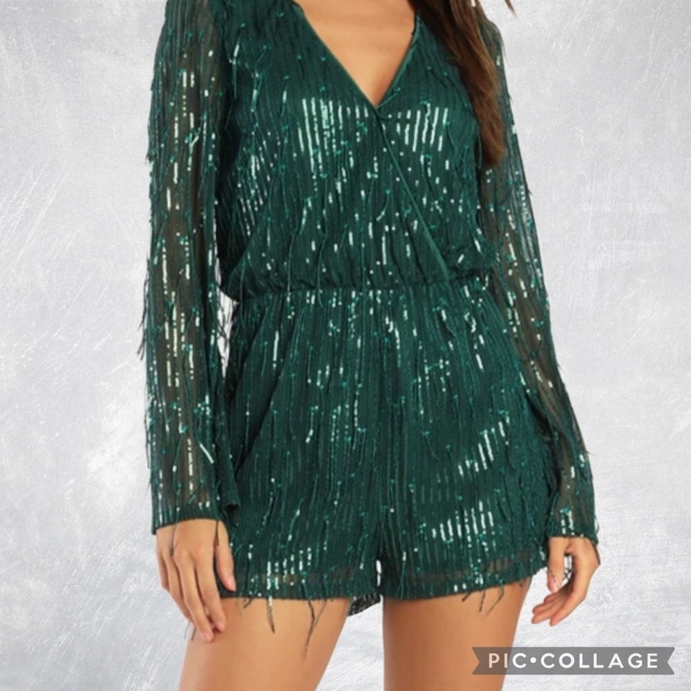 Lulu's green Sequin Long Sleeve Romper